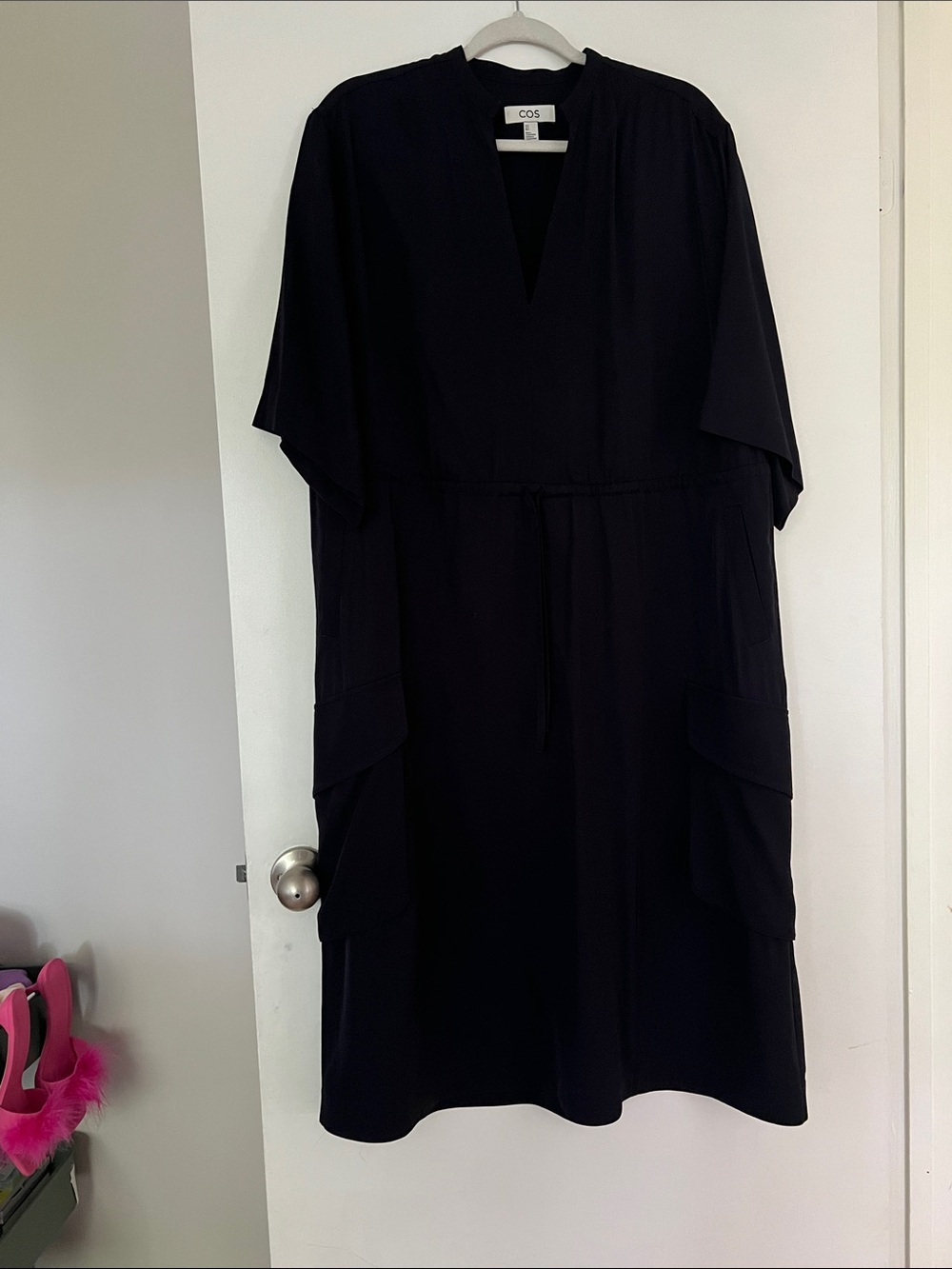 COS Black V-Notch Drawstring Midi Dress